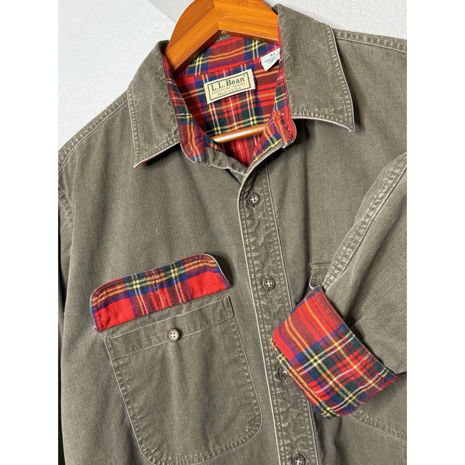 Vintage Ll Bean Mens M Khaki Tartan Flannel Lined Shirt Jacket 80's Freeport Usa